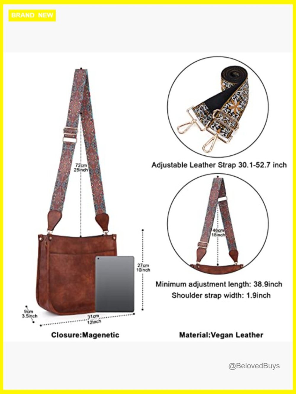 Vegan Leather Hobo Crossbody Bag with Adjustable Guitar Strap - Picture 5 of 7